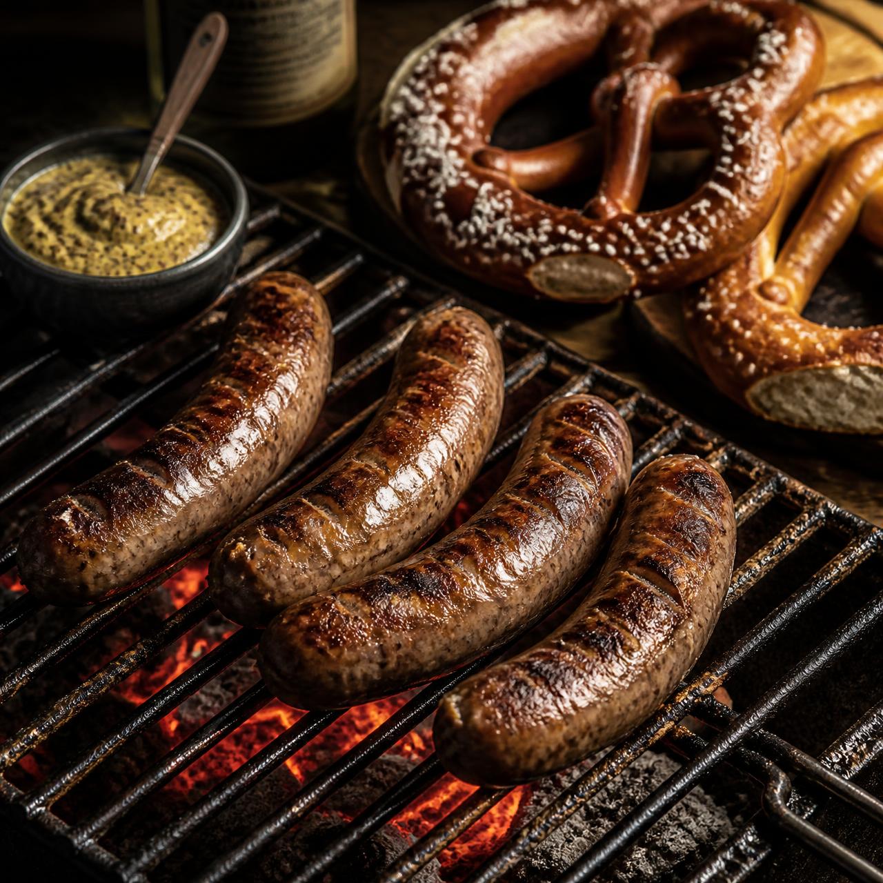 Grilled bratwurst on flame