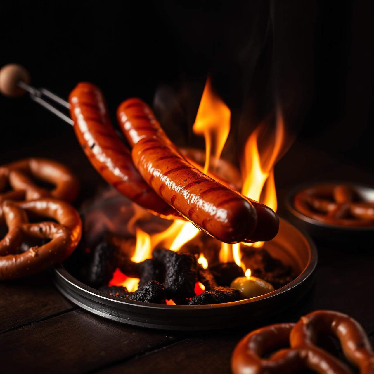 Grilled bratwurst on flame