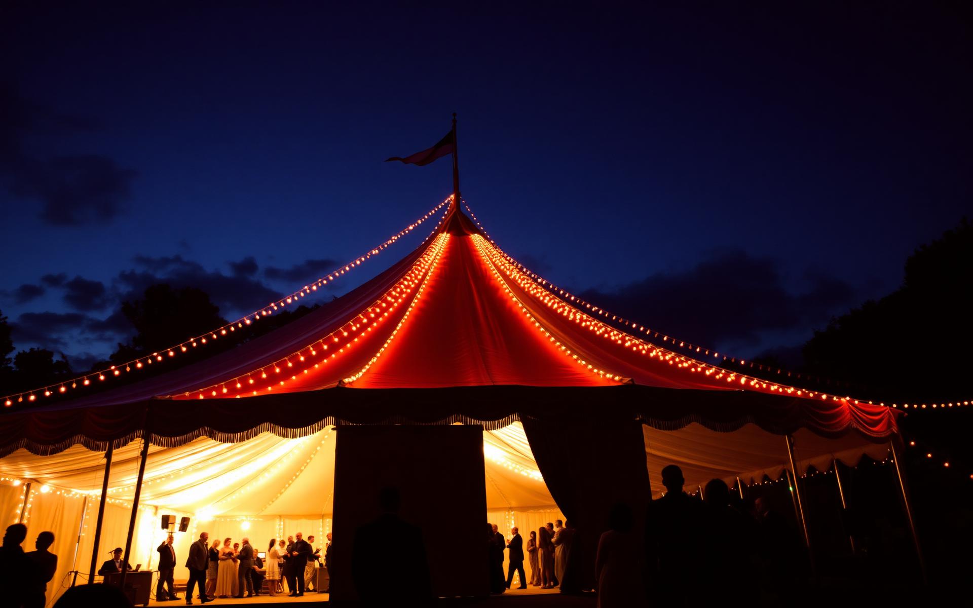Festival tent lit up at dusk